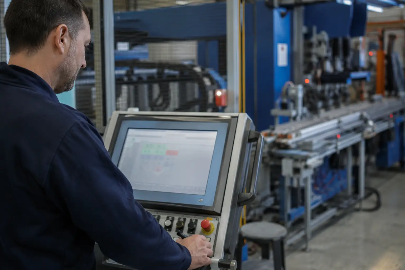 Opérateur au pupitre de commande d'une ligne de production